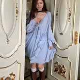 BXOXO Sweet Blue Mesh Slim Waist Cummerbund+ Y2k Grunge V-neck Long Sleeve A-line Dress for Women 2025 Spring New Two Piece Sets